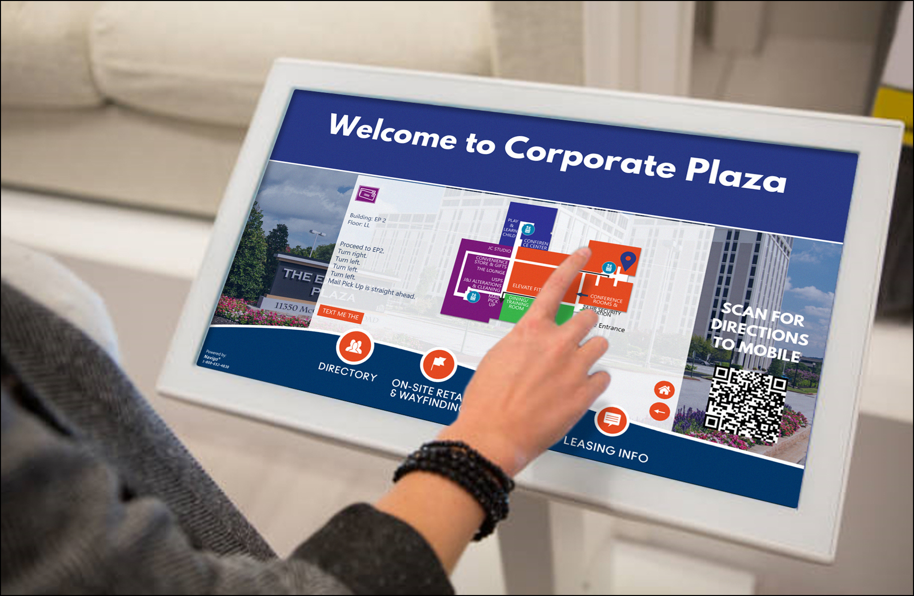 plaza digital directory showing wayfinding maps for navigation