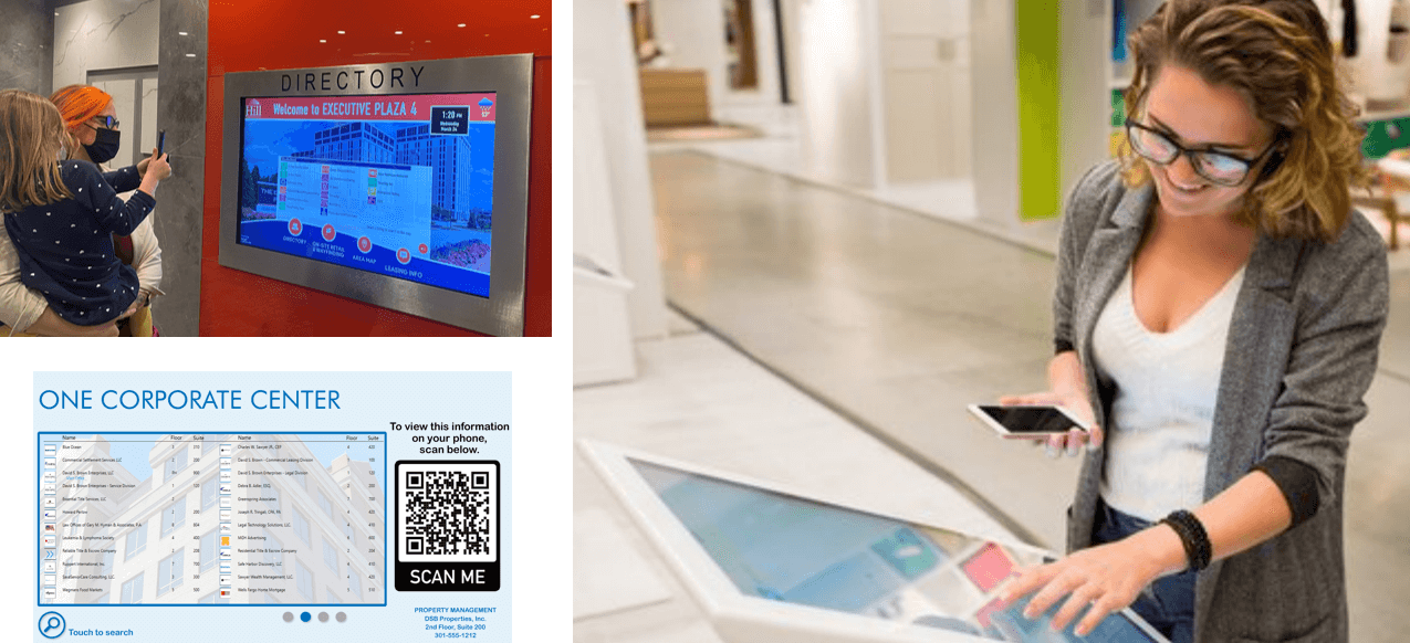 people interacting with various digital directories in commercial settings