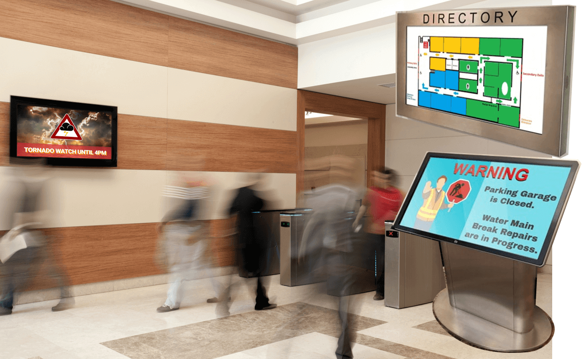 digital emergency preparedness signage being displayed in hospital lobby