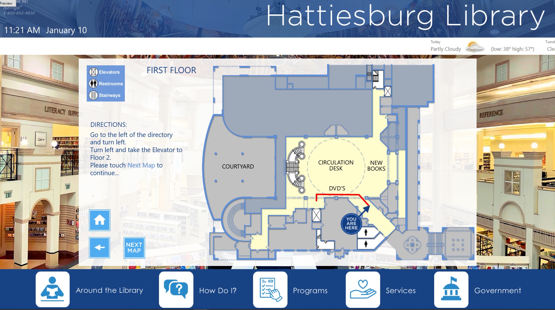 library digital directory showing wayfinding maps for navigation