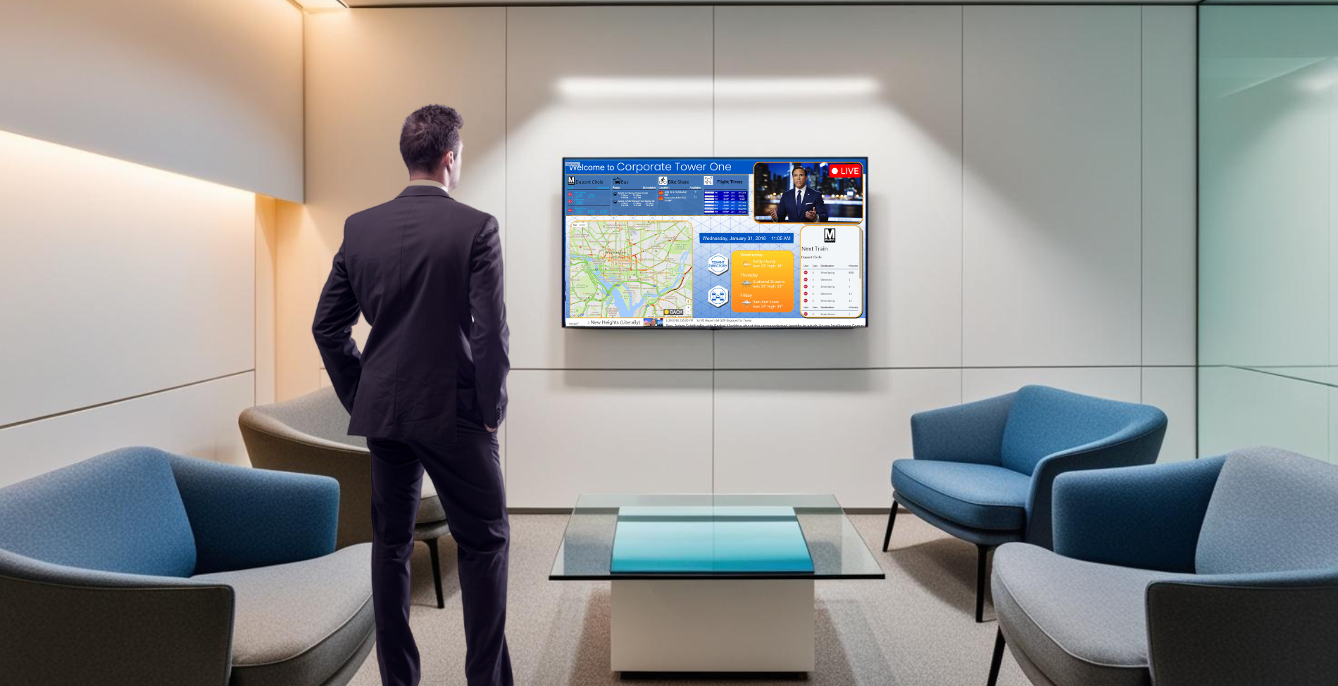 Office lobby with digital signage content for man to view