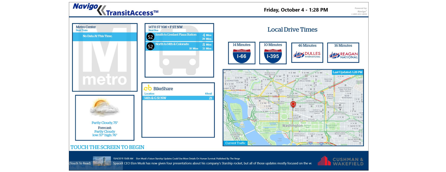 digital transit screen displaying live traffic map and schedule